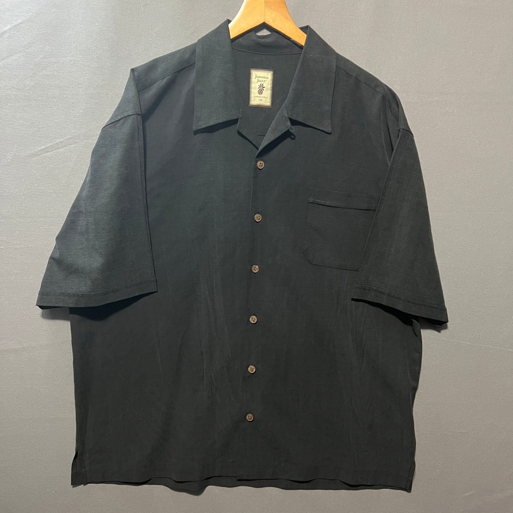 Jamaica Jaxx Men XL Black 100% Silk Jacquard Short Sleeve Camp Button Down Shirt